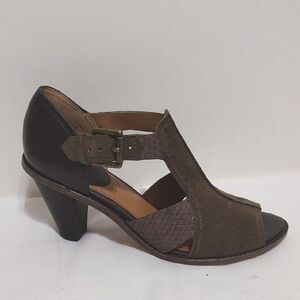 H.S. Trask Brown Suede Peep Toe Heeled Sandals US 6.5 Snakeskin Accent Chic